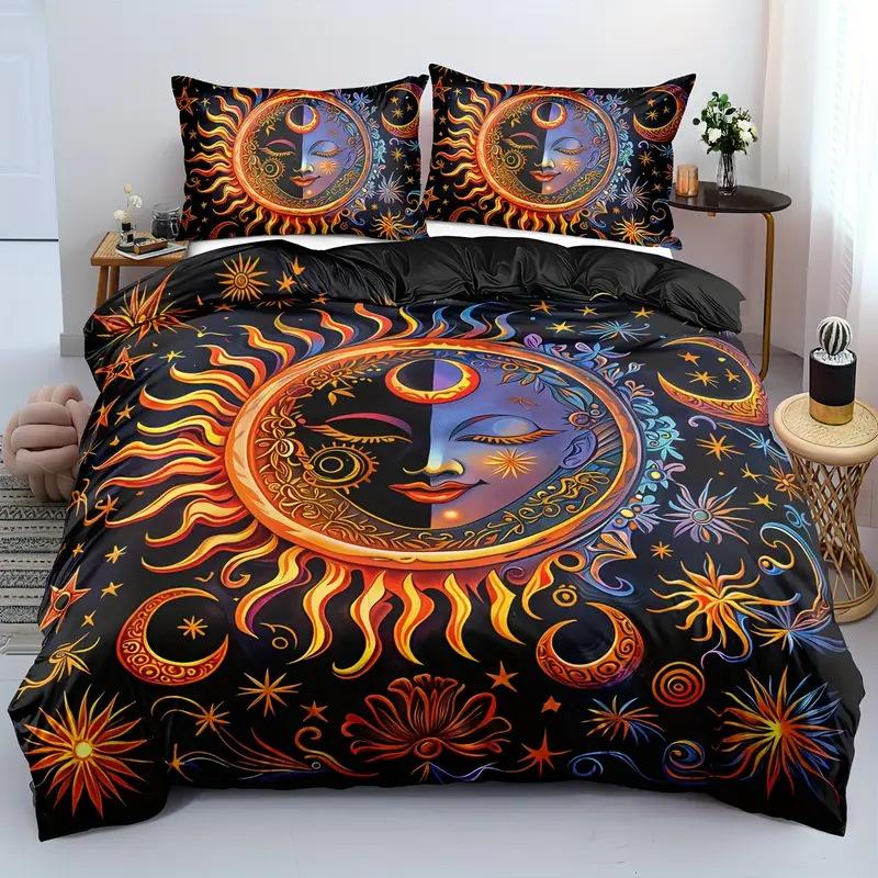 Boho Sun and Moon Duvet Cover Set Black White Floral Bedding Set Bohemian Exotic Comforter Covers Queen Bedroom Decor All Season