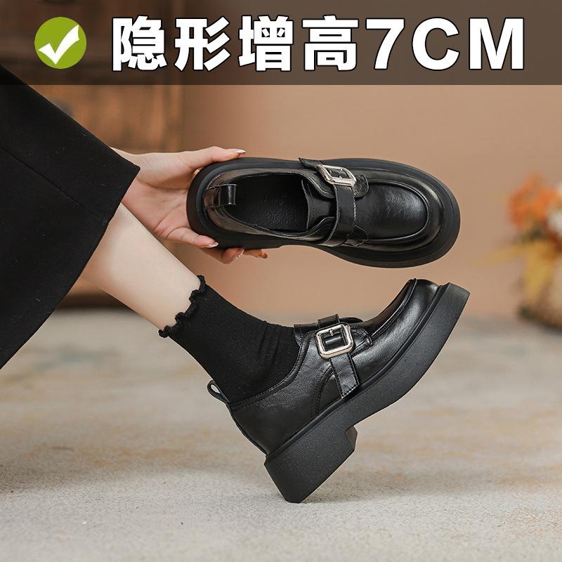 Washed Cowhide Retro One-pedal Thick-soled Small Leather Shoes for Women's Autumn and Winter Velvet Thick Heel Small Size 32