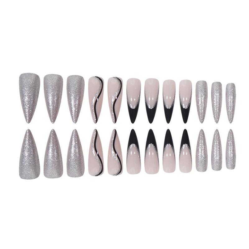 European and American long pointed nail nail patch silver glitter wearing nail French black line wearing nail sticker