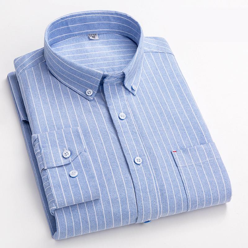 New Pure Cotton Business Men Oxford Shirt Long Sleeve Casual Plaid Striped with Chest Pocket Non-iron Autumn Spring