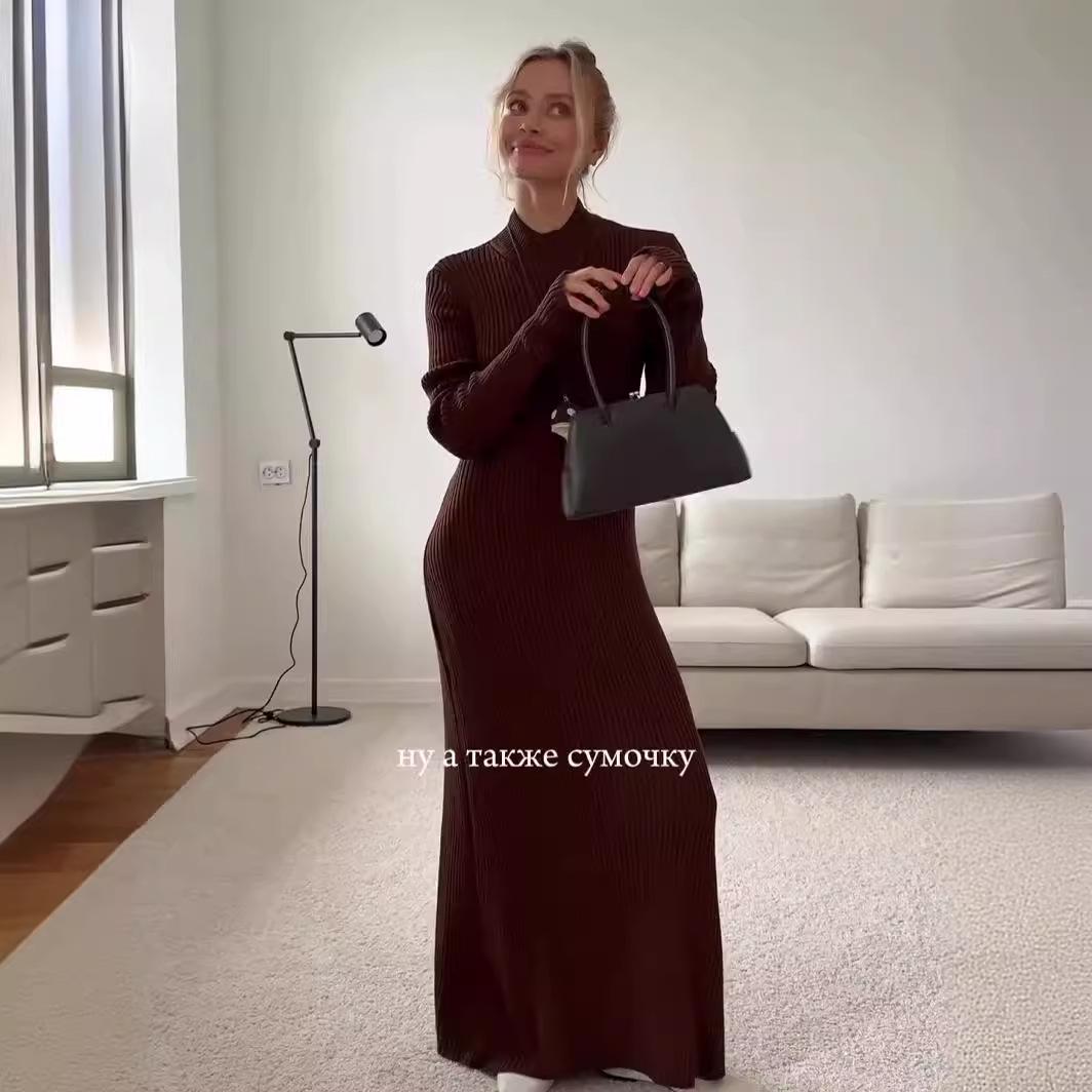 

2024 Miracle European & American Fashion Solid Color Sexy Bandage Backless Slim Long Sleeve Dress L каштановый