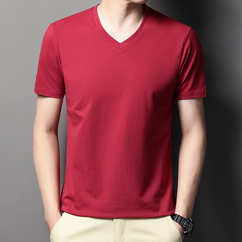 

2025 Летняя мужская футболка Чистый цвет V-образный вырез с коротким рукавом Топы Футболки Мужские футболки Черные футболки Фитнес Мужские футболки больших размеров M красный