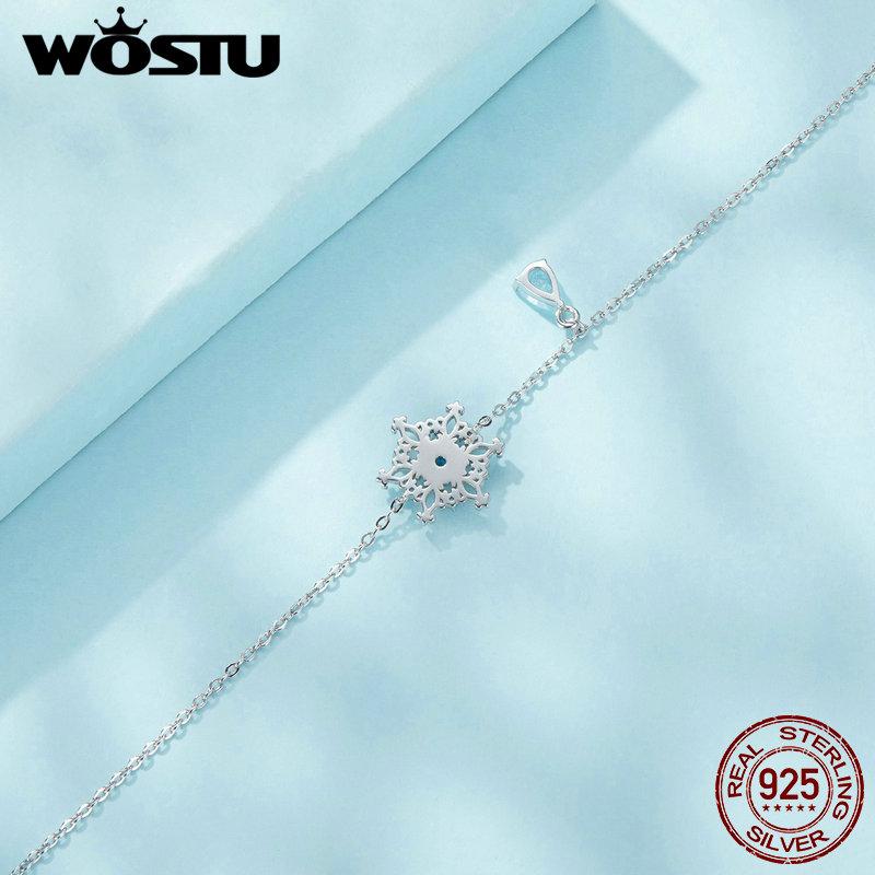 WOSTU Pulseira Floco de Neve Prata de Lei 925 Elo Cadeia Flor de Gelo Banhada a Platina para Mulheres Joias