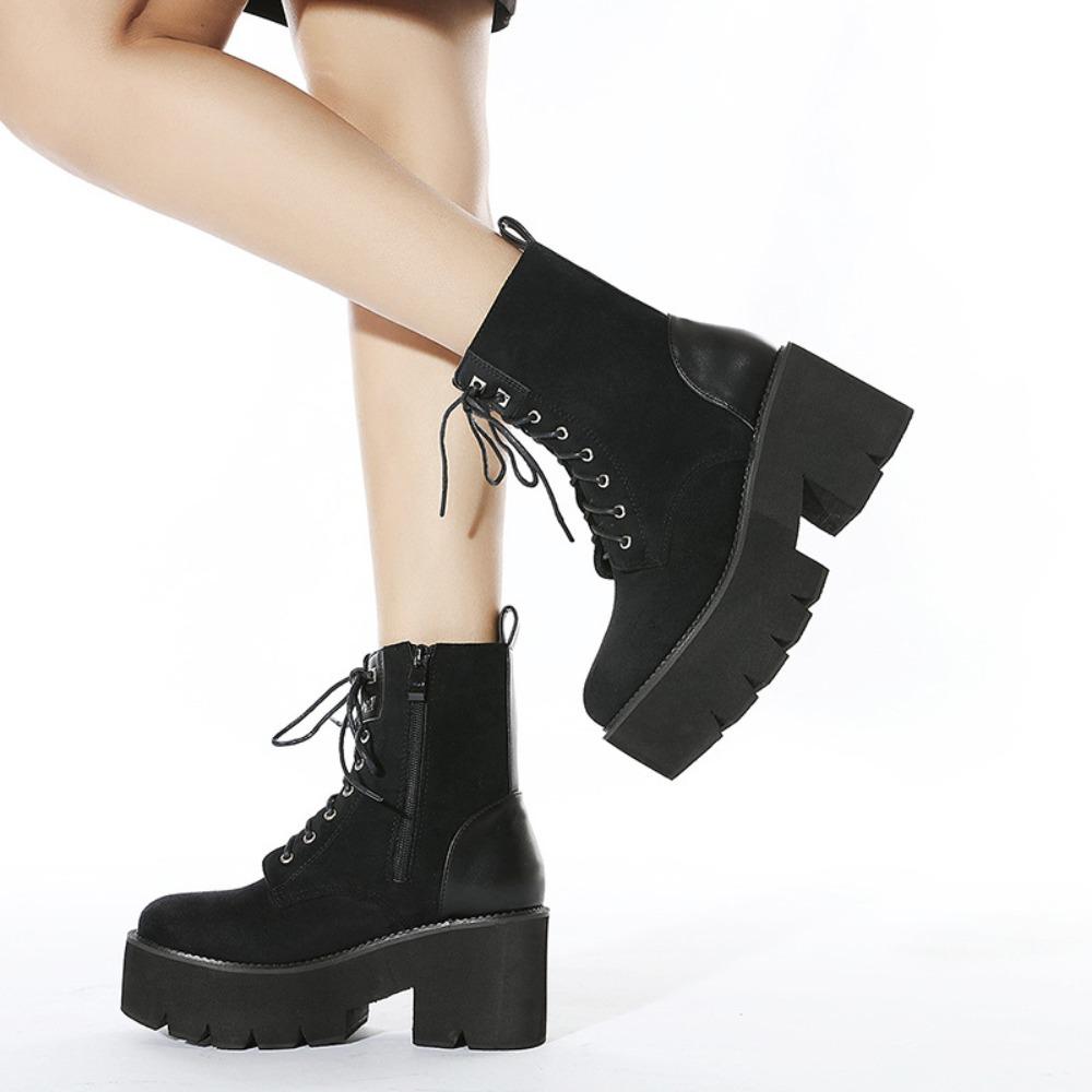 European Women Lace Up Martin Boots Suede Plain Ankle Boots British Korean Style Thick Platform Side Zipper Boots