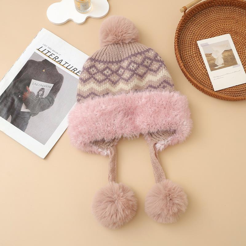 Fair Island Style Winter Plaid Bright Silk Plus Velvet Hat Versatile Sweet Ball Hat Outdoor Travel Cold Warm Hat Korean