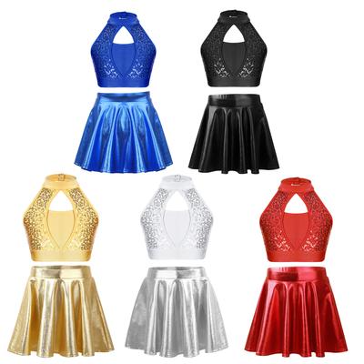 Ärmelloses Pailletten-Patchwork-Crop-Top für Mädchen, Ausgeschnittene Vorderseite, Schlüsselloch am Rücken, Glänzender Rüschenrock, Tanz-Set