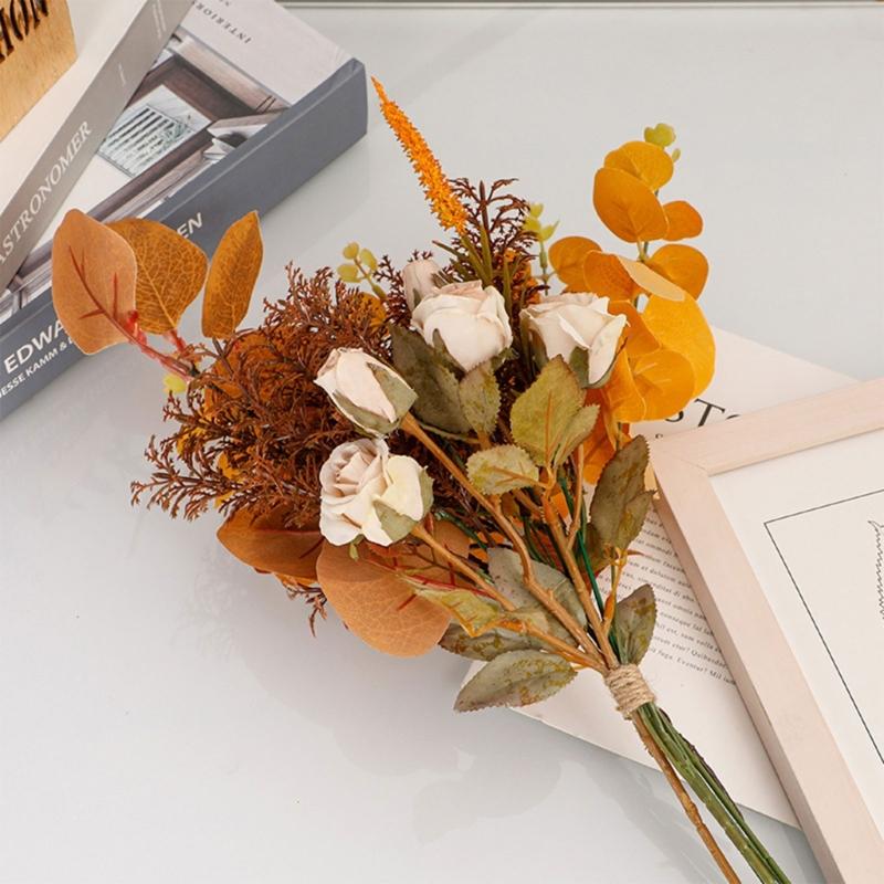 Fall Artificial Flowers Fall Decoration Silk Maple Leaves Rose Plant Autumn Thanksgiving Garden Decor Flower Arrangement