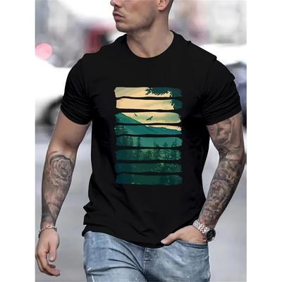 T-shirt z warstwowym krajobrazem górskim, Miękki, oddychający i odporny na blaknięcie, Klasyczny krój do codziennych, swobodnych stylizacji