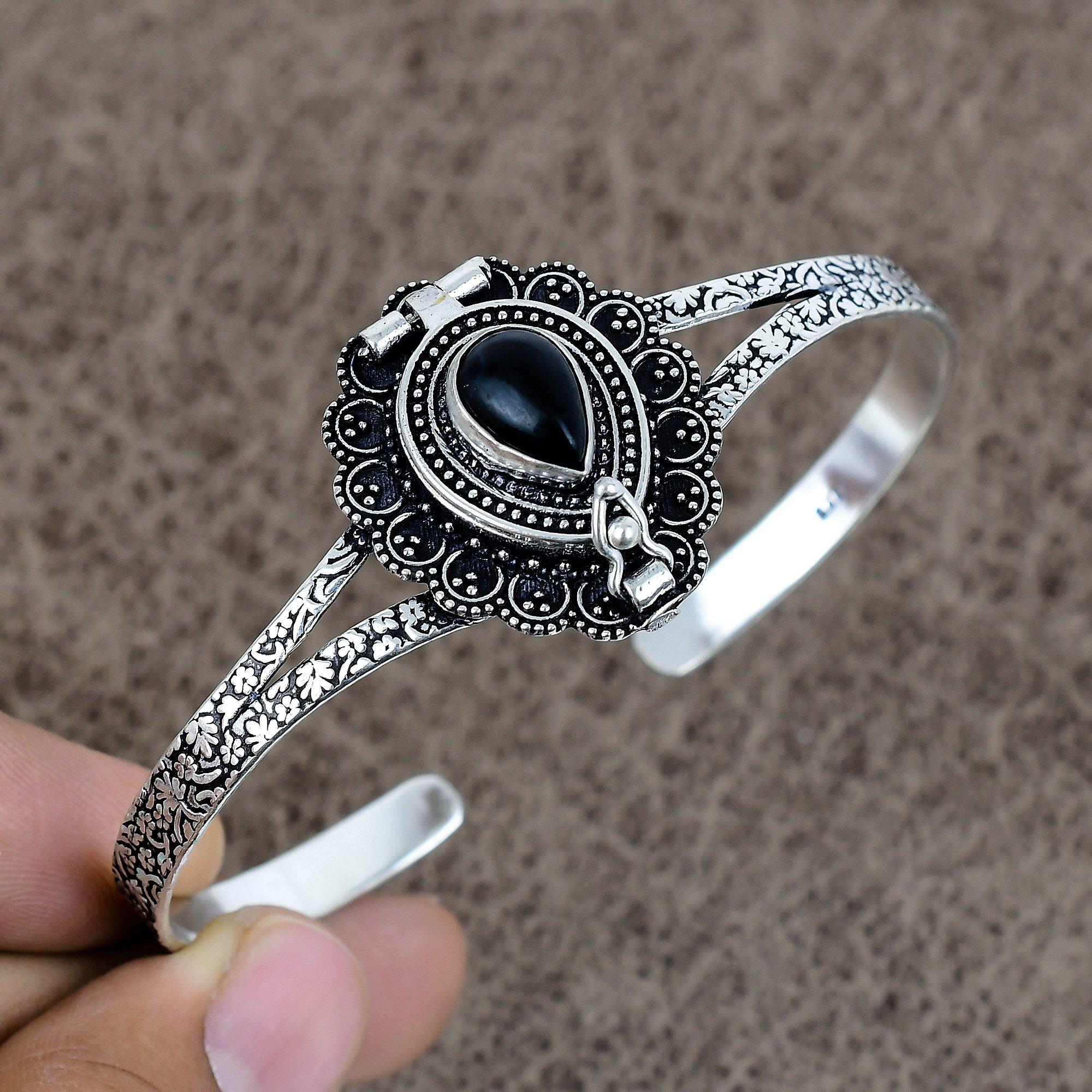 

Black Onyx Gemstone Handmade 925 Sterling Silver Cuff Bangle Adjustable KKG-207