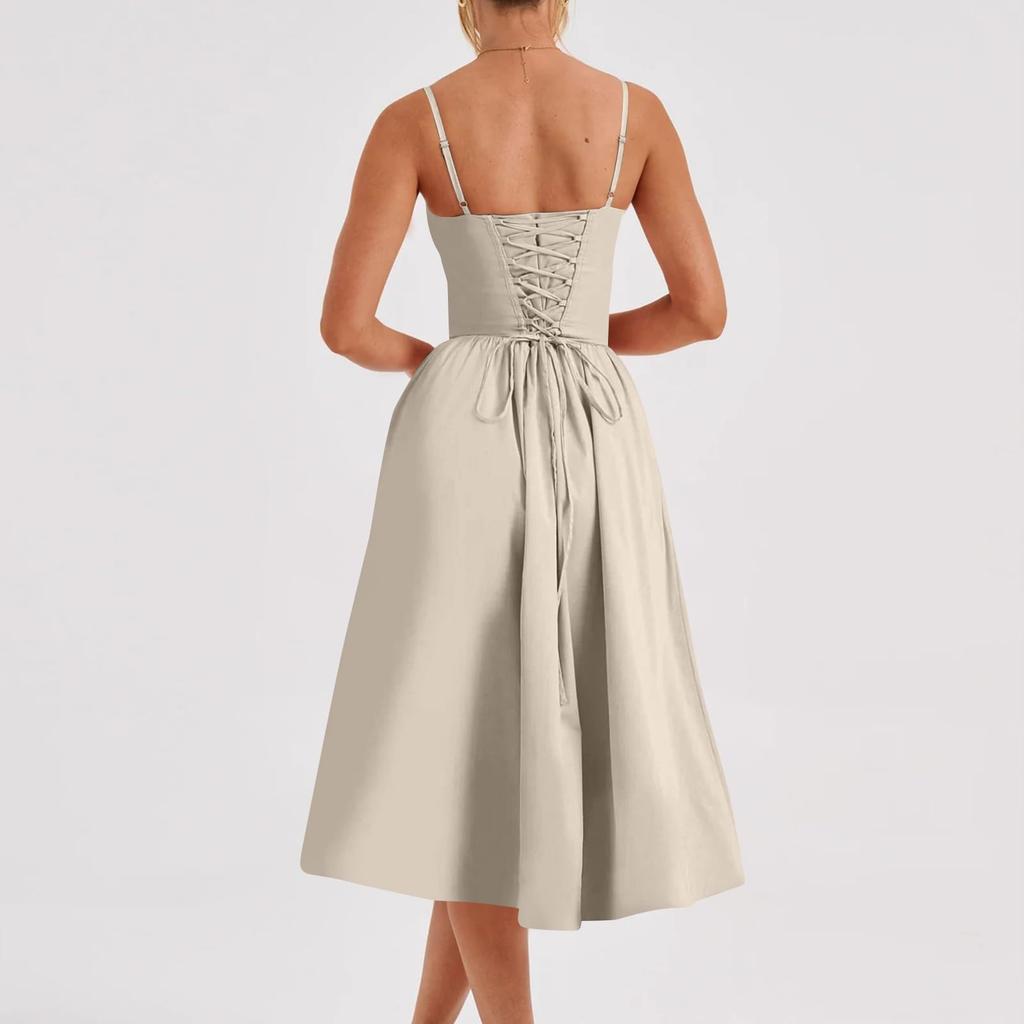 Women's Summer A-Line Midi Dress Sleeveless Spaghetti Strap Slim Fit Waist Casual Dress