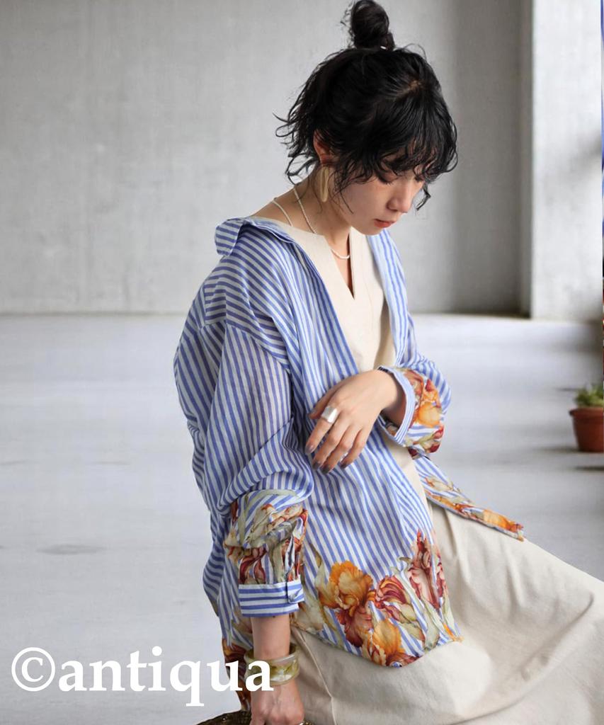 Antiqua Floral Striped Long Sleeve One Size White and Blue Mix Shirt, Women's Top, IYA-00100, 03,