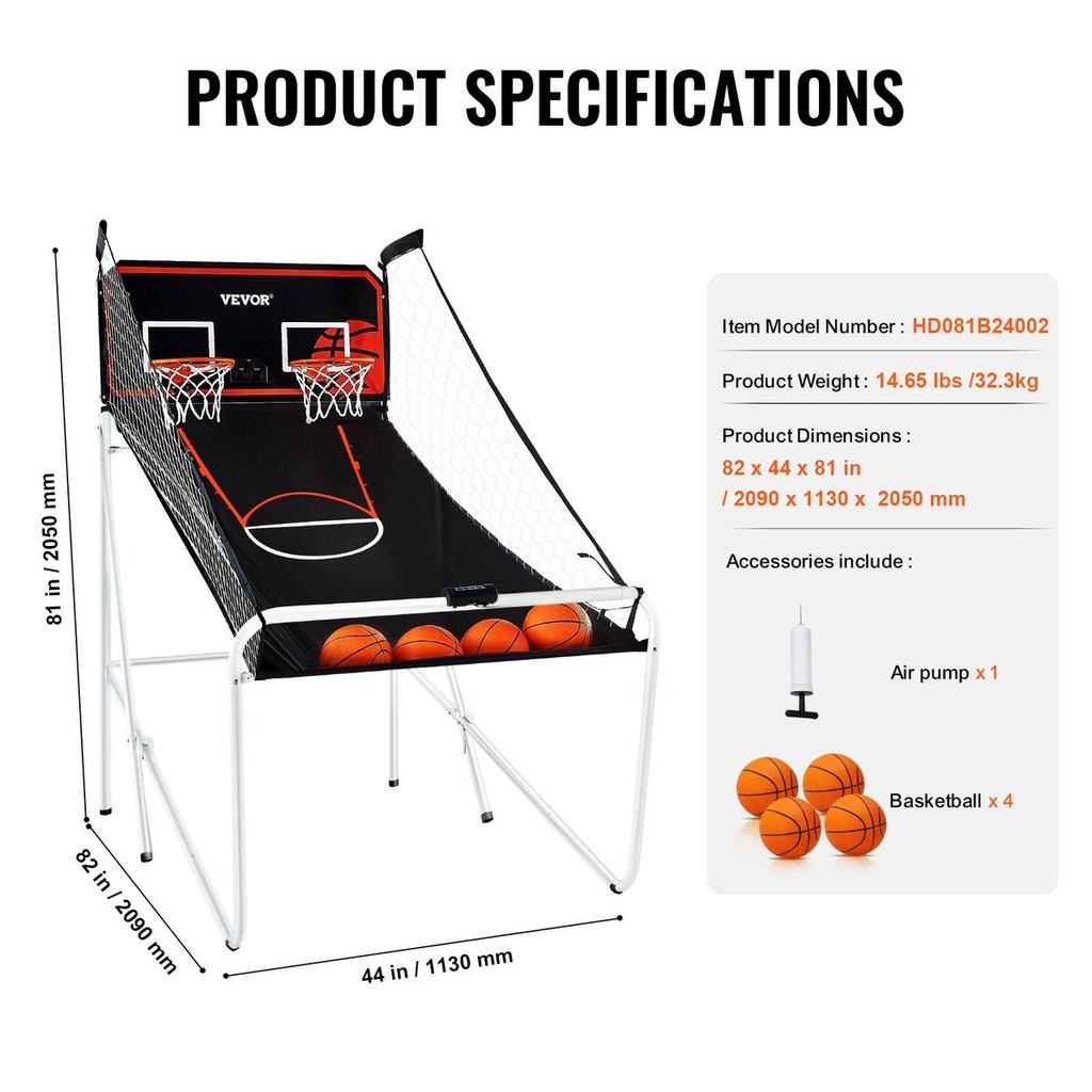 Foldable Indoor Double Shot Basketball Arcade Game 2 Player 4 Balls