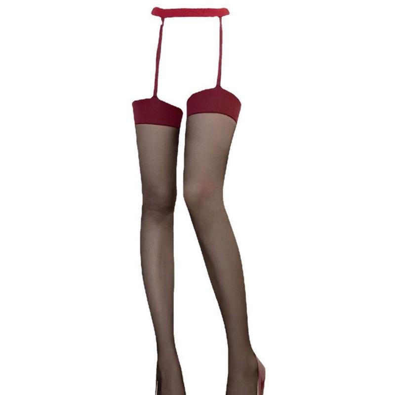 Sexy Suspenders Integrated Suspenders Pure Desire Long Tube Babes Ultra-thin Red Stockings Contrasting Color Flat Heel Versatile Sex Woman
