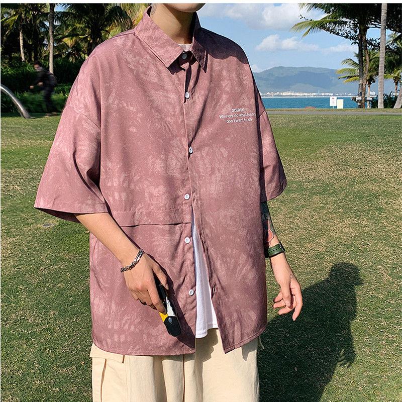 

Отложной воротник Свободный Весна Лето Тонкий Тай-дай Пуговица Новые Рубашки Красивый Короткий рукав Карманы Мода Повседневная Мужская одежда L красный