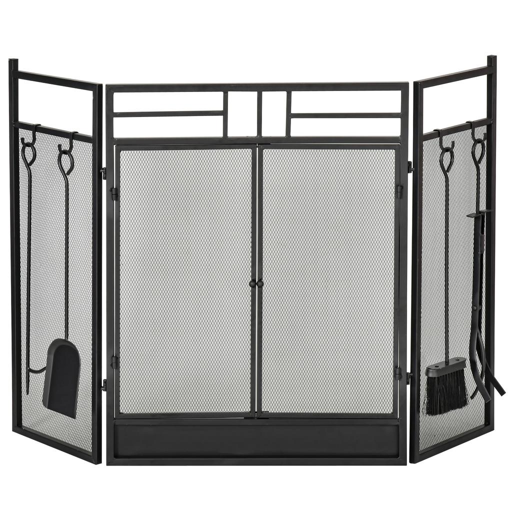 3 Panel Folding Fireplace Screen with 4 Tools Set, Steel Mesh Spark Guard with Double Door for Open Fire, Log Burner, 122W X 80H Cm, Black