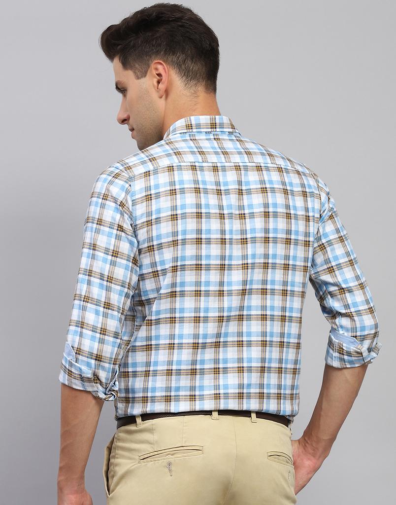 Monte Carlo Mens Blue Checkered Spread Collar Full Sleeve Casual Shirt