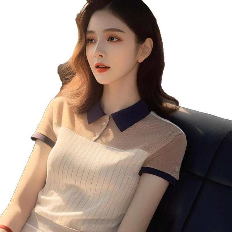 Summer Retro Hong Kong Style Slim Fit Polo Collar Knitted Top Short Sleeved T-shirt for Women