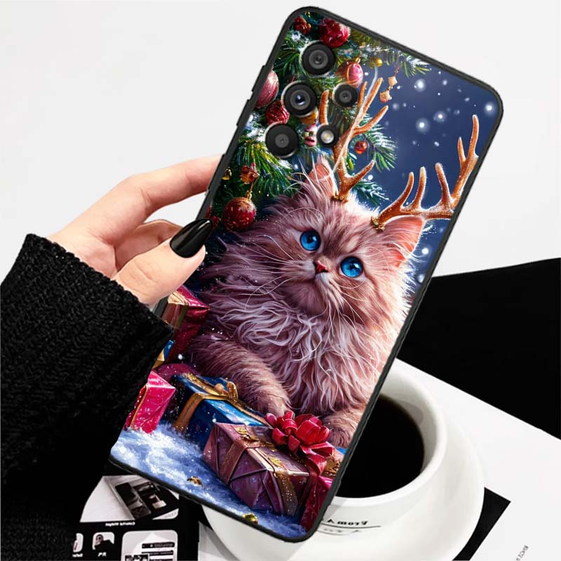 

Рождественский мультяшный кот Арт Чехол для телефона Для Samsung A73 A72 A71 A55 A54 A53 A52 A51 A13 A22 A16 A15 A12 A14 A26 A07 5G Черный Galaxy A16 5G