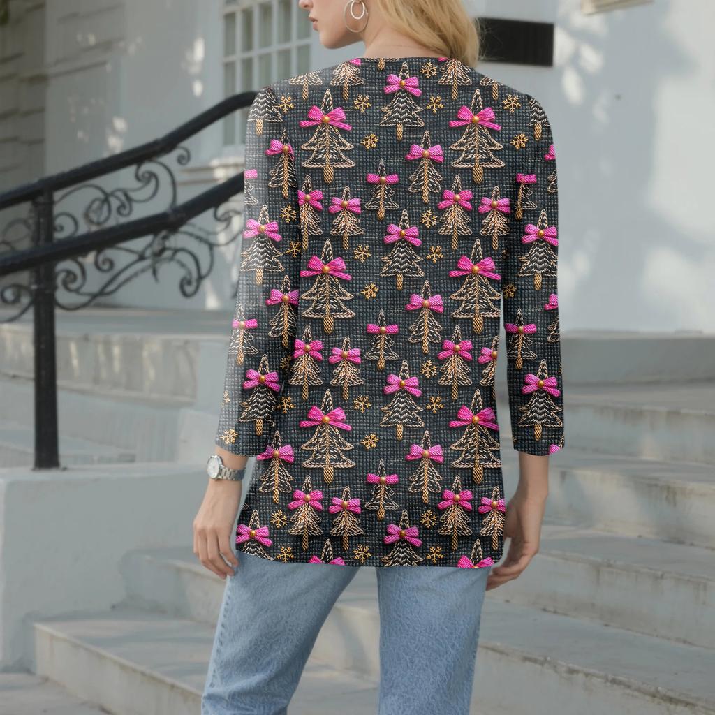 Women's Casual Fashion Sexy Comfortable Christmas Print V-Neck Button Three-quarter Sleeve Top