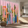 1Pc Desert Botanical Shower Curtain Abstract Cacti & Blossoms In Pink, Teal, Coral On Rose Ground, Print For Bathroom Decor