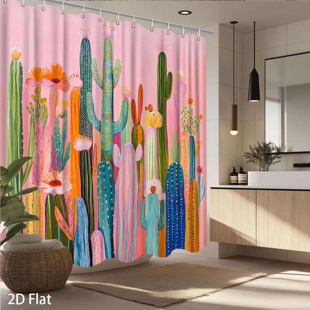 1Pc Desert Botanical Shower Curtain Abstract Cacti & Blossoms In Pink, Teal, Coral On Rose Ground, Print For Bathroom Decor