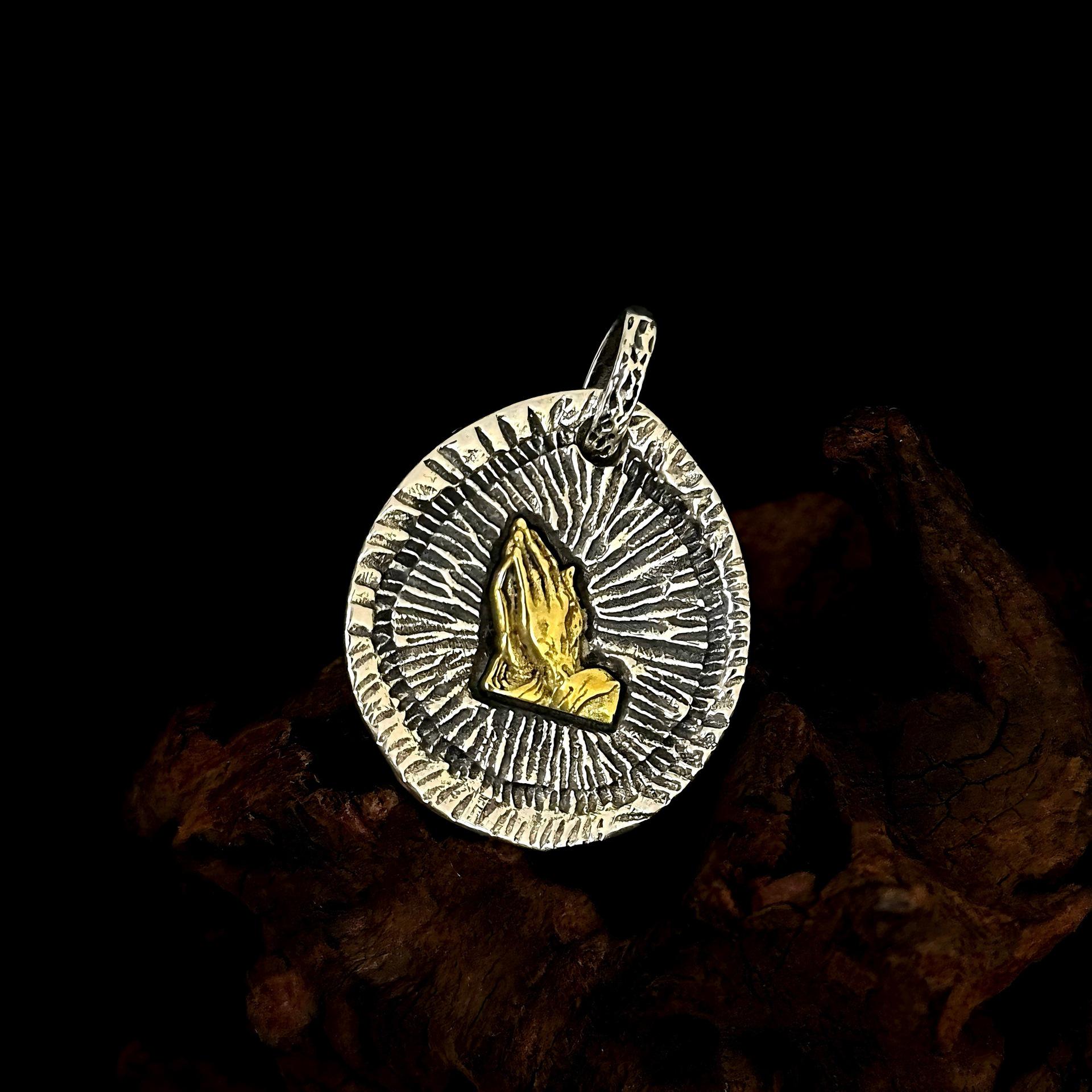 

S925 Sterling Silver Praying Hands & Eye of Horus Pendant, Unisex, Trendy European and American Hip Hop Style. 925 Silver