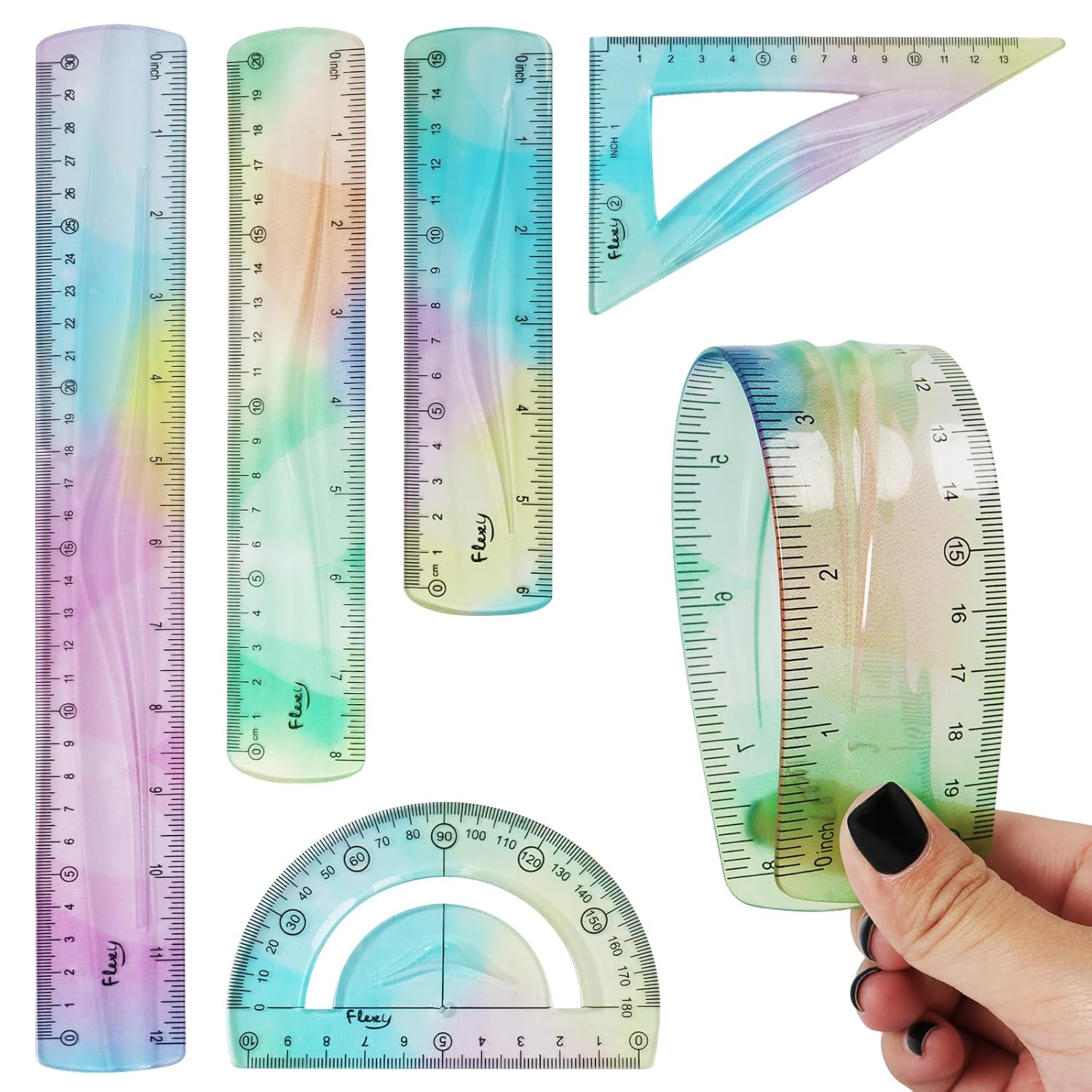 5 Pcs Flexible Rulers, 6inch 8inch 12inch Bendable Straight Ruler Triangle Ruler Protractor Soft Shatterproof Plastic Flexible Rulers with Centimeter