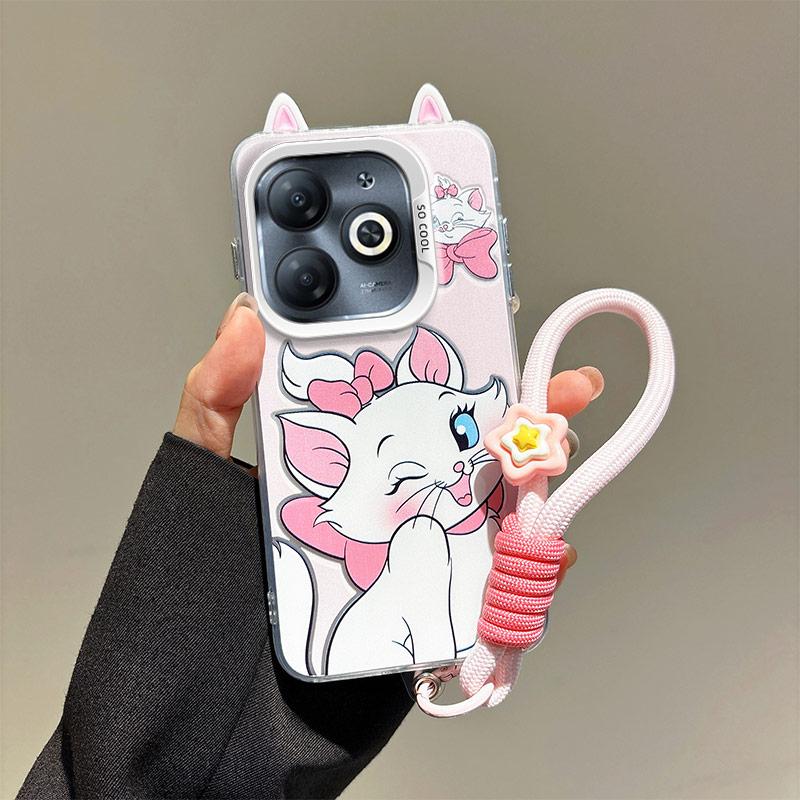KEYSION Cute Ear Cartoon Case for Infinix Hot 40i with Lanyard Soft Silicone+PC Shockproof Phone Cover for Infinix Smart 8 HD