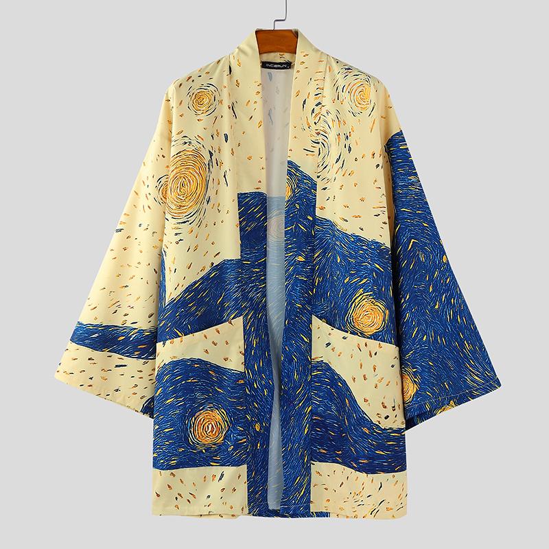INCERUN Men Long Batwing Sleeve Printed Open Front Casual Kimonos Baggy Tops