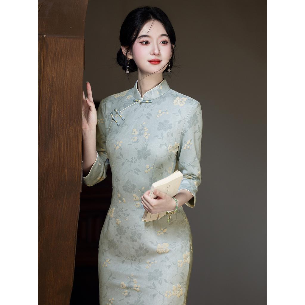 Luo Shibo Stunning Suede Pink Cheongsam 1011 Autumn Daily Lady Fan Temperament Dress Women