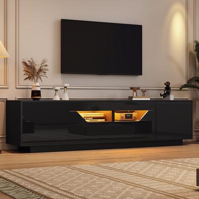 180*40*45cm Floor TV Cabinet, Lowboard With 2 Drawers and 2 Cabinets, High-Gloss TV Cabinet with LED Lights, TV Board, Suitable for 75-Inch TV, Black