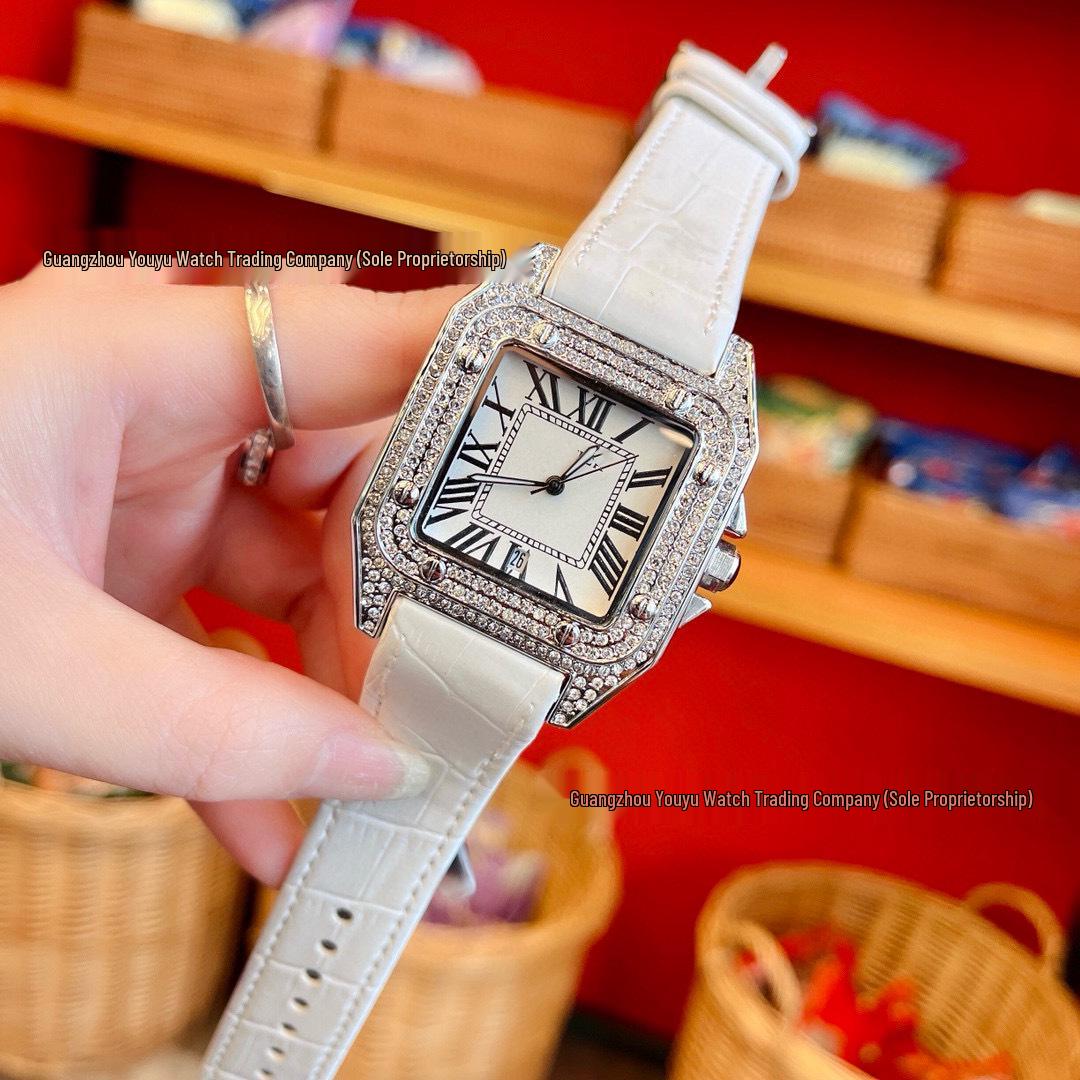 

Квадратний годинник Santos Full Diamond Quartz зі шкіряним ремінцем