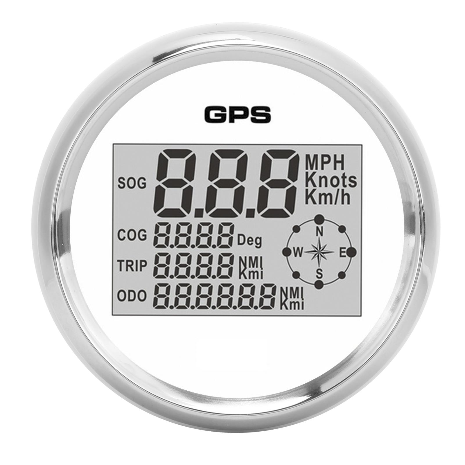 

85mm Speedometer Digital GPS LCD 8 Color Backlight 0‑999 Knots KM H MPH 12V 24V White Dial Sliver Frame