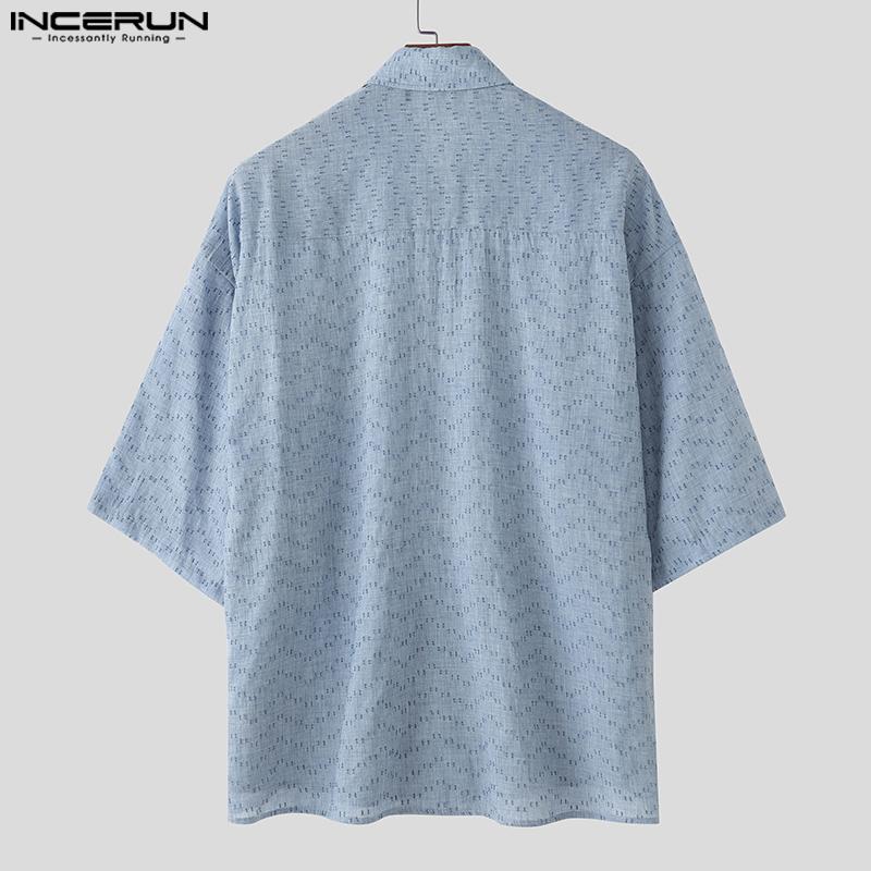 INCERUN Oversized Men Summer Lapel Neck Short Sleeve Buttons Print Casual Loose Shirts