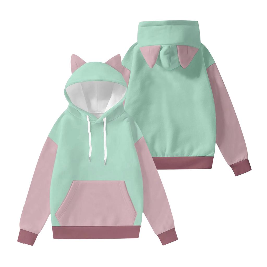 Women's Fashion Long-Sleeved Color-Blocked Printed Hooded Sweatshirt With Ears