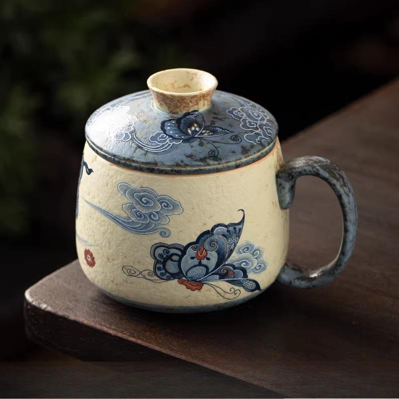 

290ml Ceramic Covered Mug Chinese Style Large Capacity Tea Cup Filter Tea Cup Household Tea Cup Kung Fu Drinking Utensils 12.5x10cm 290ml