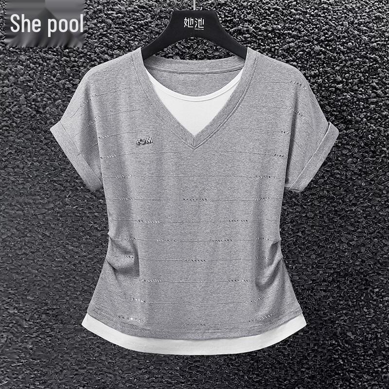 Women s Faux Two-Piece Rhinestone T-shirt L