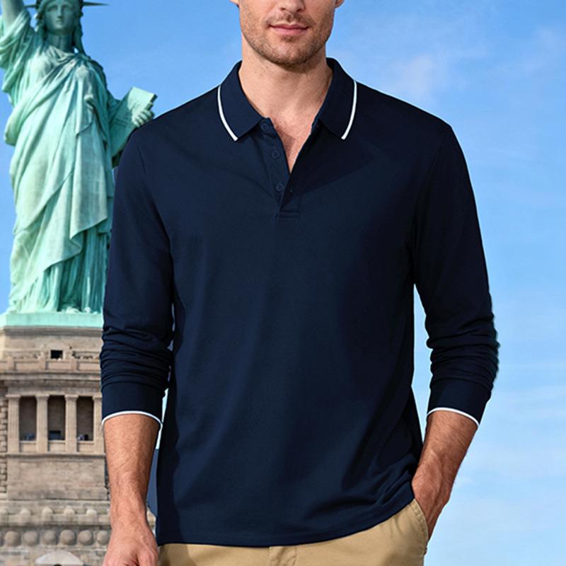 Men's Fall Long Sleeve Polo Shirt Contrast Trim Collar Button Up Golf Top