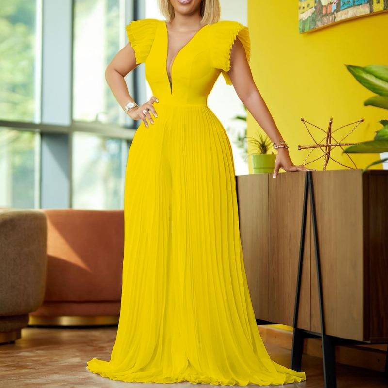 Letni kombinezon do mopowania z rękawami Feifei, temperamentem, plisowanym łączeniem i głębokim dekoltem w serek