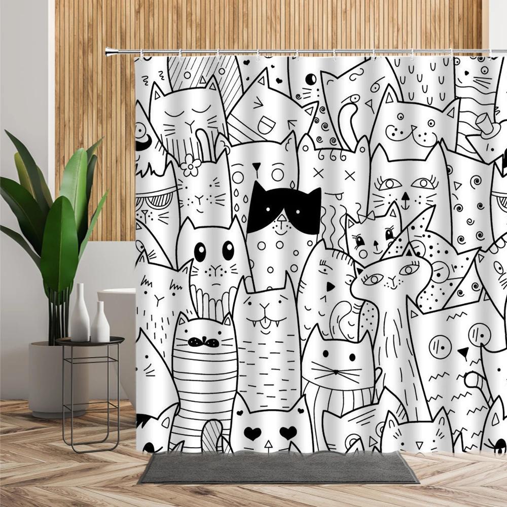 3D Cartoons Black White Cat Bathroom Waterproof Shower Curtain Simple Footprint Bathroom Curtains for Bathtub Screen with Hooks