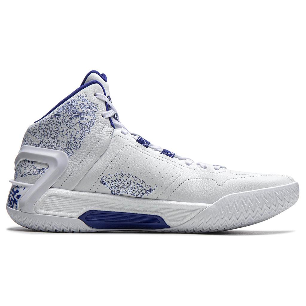 Li Ning Liren 4 Cyan Rayon Comfortable Cushioning, Wear Resistant Mid Top Basketball Shoes Men's White Blue ABAT141-1