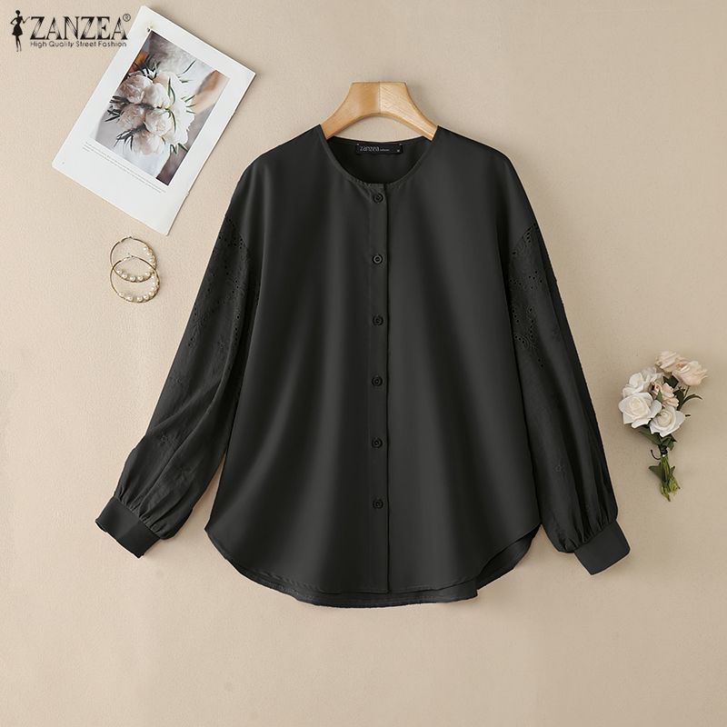 ZANZEA Női Alkalmi Kerek Nyakú Egyszínű Laza Hosszú Ujjú Blúz