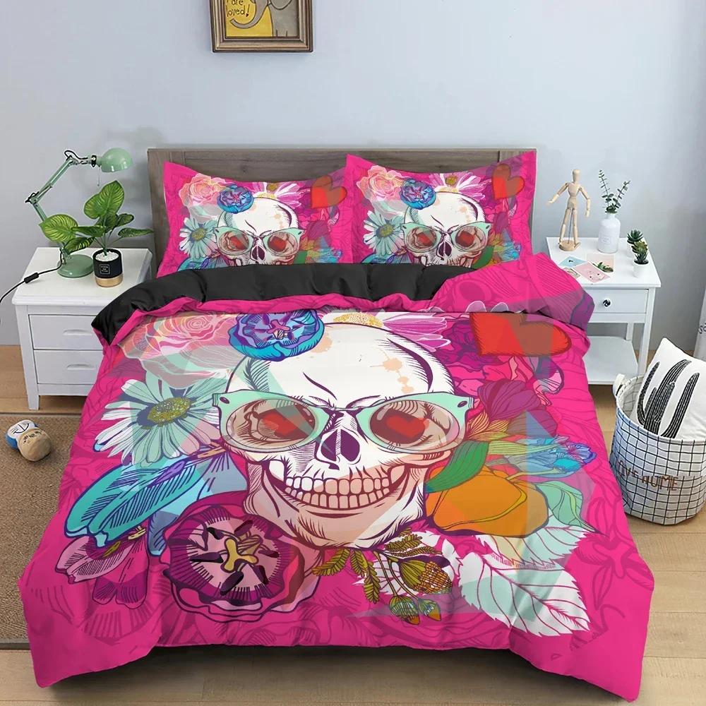 Skull Duvet Cover Set Flowers Comfortable Duvet Quilt Cover Pillowcase Bedding Set Children Bedroom Decoration Home Textile 70x133cm 2pcs