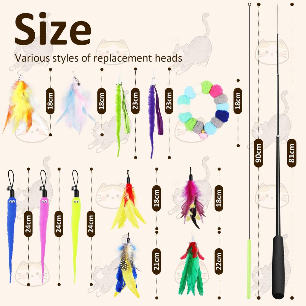 GeeRic 14-Piece Cat Toy Set with Natural Feathers, Dangler, and Retractable Fishing Rod, Indoor Game Equipment, Cat Supplies, and Cat Play