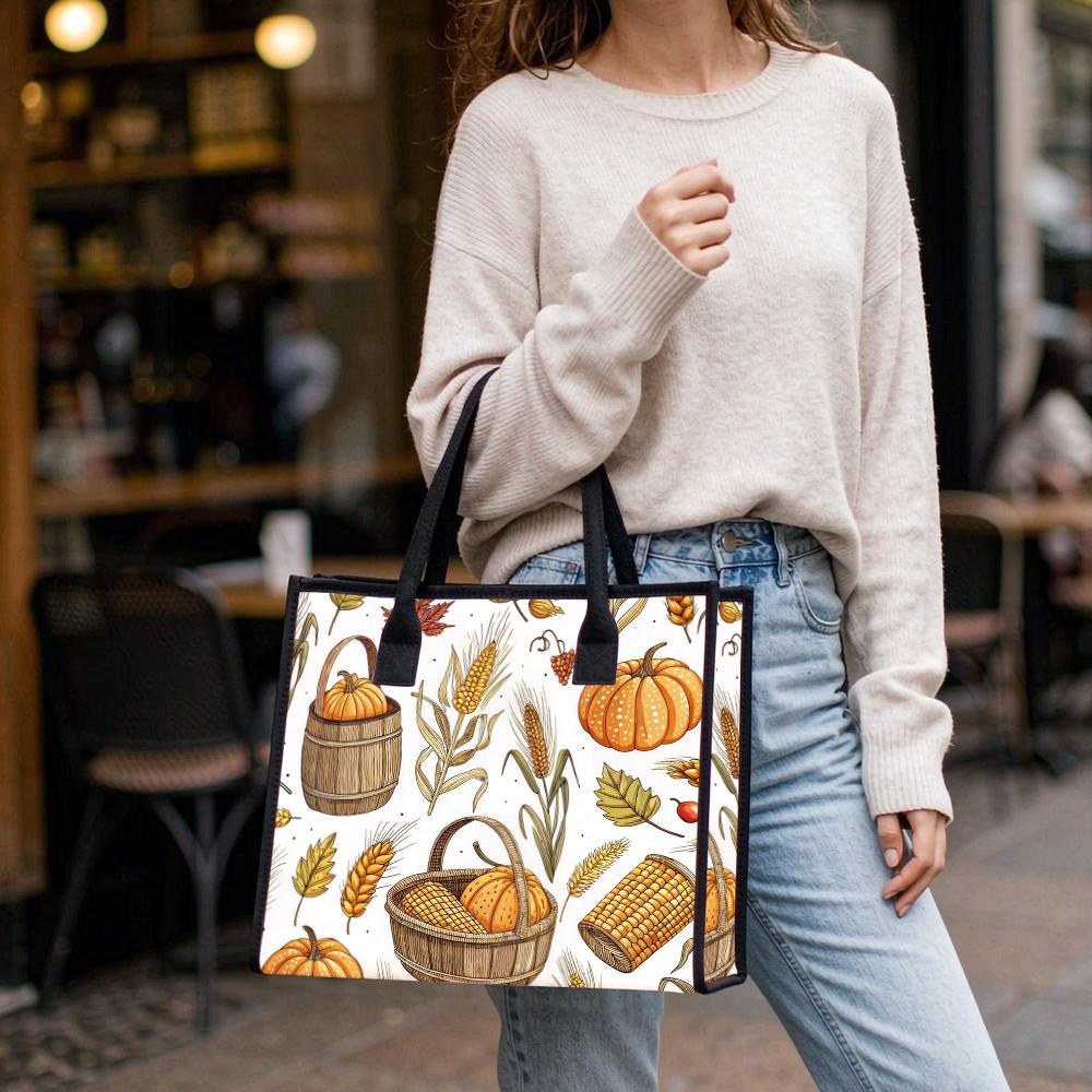 Autumn Pumpkin Corn Print Tote Bag Fashion Casual Large Capacity Handbag For Daily Outdoor Use