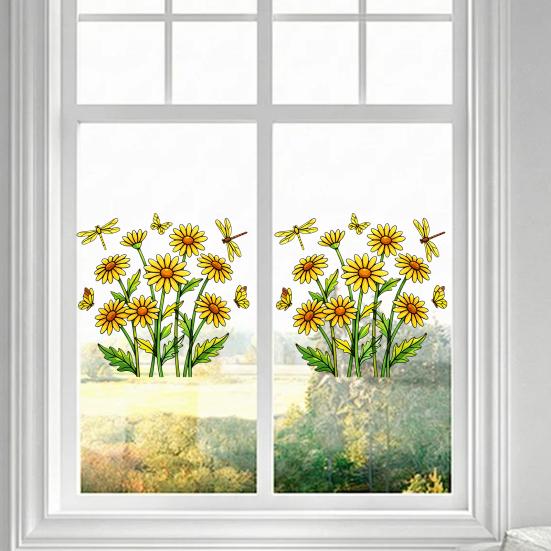 Forårsblomster Vinduesklistermærke, Gule Vilde Blomster Sommerfugle Guldsmede Vinduesklistermærke, Anti-Kollision Genanvendelig Statisk Glas Klistermærke til Hjemmekontor