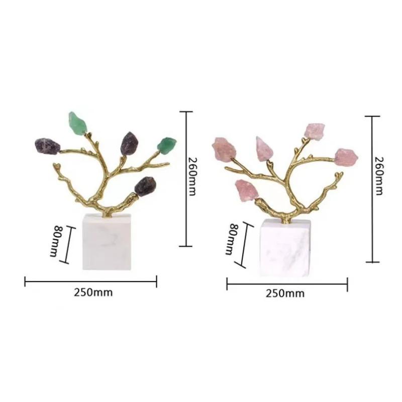 Natural Crystal Stone Sculptures Golden Tree Crystal Tree Brass Metal Branch Ornament Metal Figurine Home Decoration Accessories