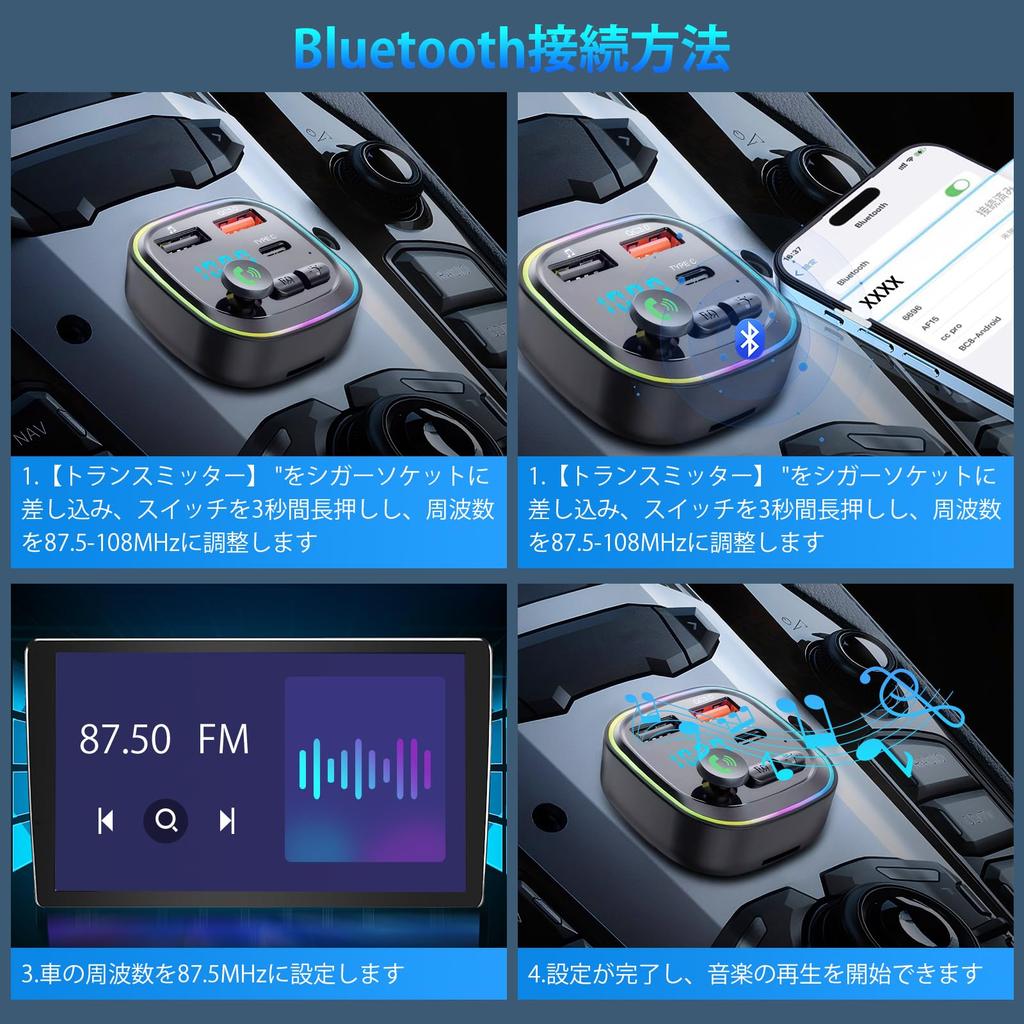 Ninonly FM Transmitter, Bluetooth 5.0, Car Charger, QC3.0 Rapid Charging, Type-C & 2 USB