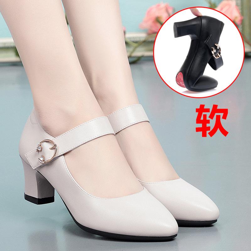 One-word buckle high heels, spring and autumn with cheongsam shoes, dancing single shoes, middle-aged and old 2 leather shoes for work, women's shoes