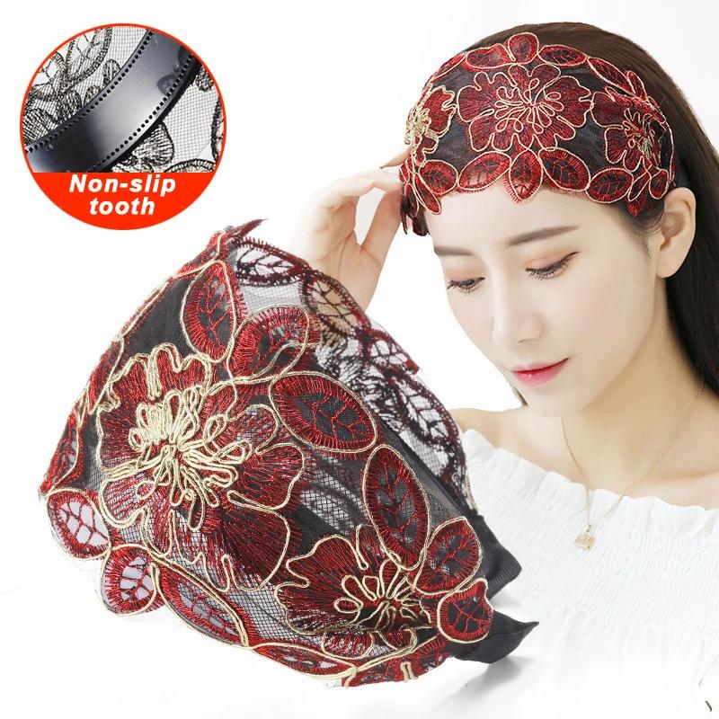 Spitzenblumen-Stirnband, breites Haarband für Frauen, gezahnt, rutschfest, elastisch, Haarband, Lünette, Haarschmuck, Kopfschmuck